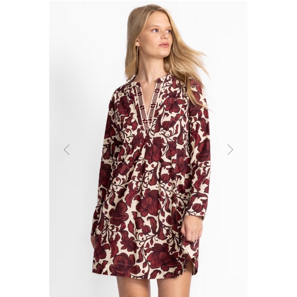 New Johnny Was Pleated Mini Dress Floral Print Small Burgundy Boho Resort $298